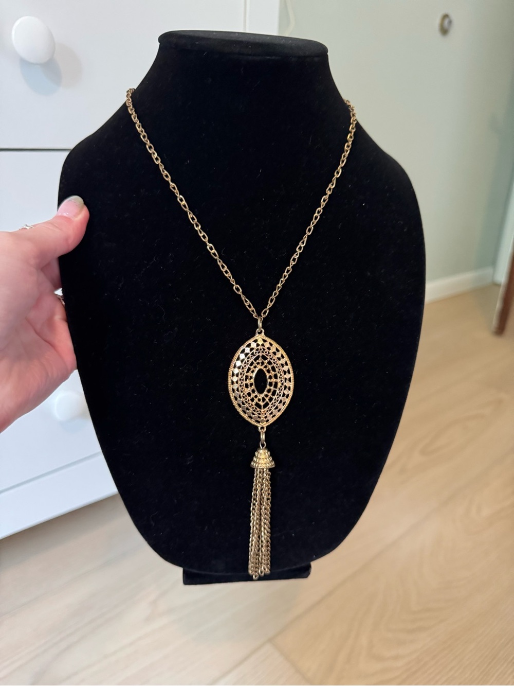 Gold Filigree Oval Tassel Necklace - Women Jewelry